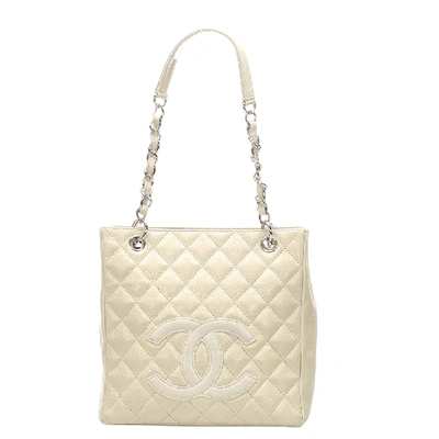 Pre-owned Chanel Cream Caviar Leather Small Pst Totes