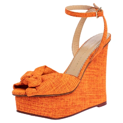 Pre-owned Charlotte Olympia Neon Orange Canvas Bow Ankle Wrap Wedge Sandals Size 37.5