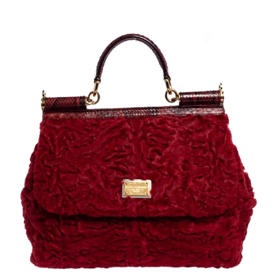 Pre-owned Dolce & Gabbana Red Calfhair And Python Medium Miss Sicily Top Handle Bag In Black