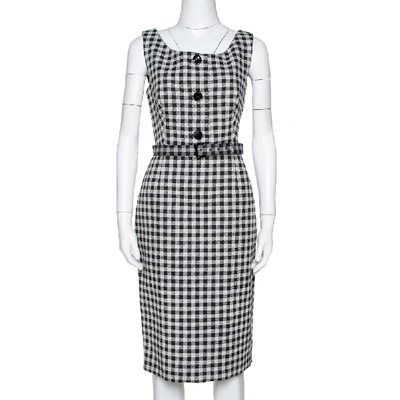 Pre-owned Prada Cream & Black Checked Wool Blend Sheath Dress M