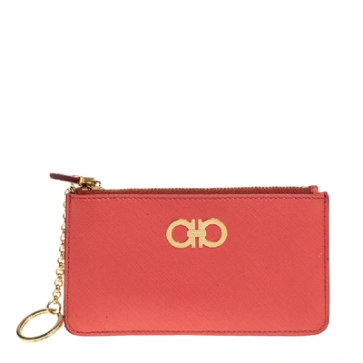 Pre-owned Ferragamo Coral Leather Double Gancio Key Pouch In Red