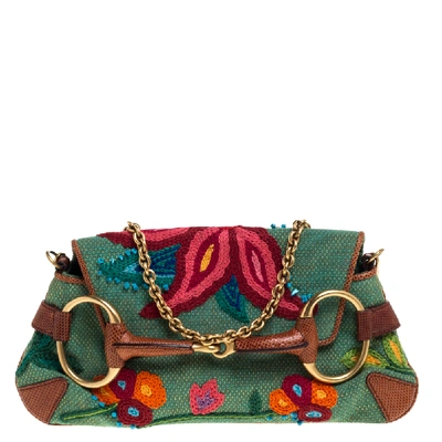 Pre-owned Gucci Multicolor Embroidered Fabric And Lizard Horsebit Chain Clutch