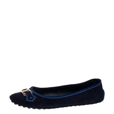 Pre-owned Louis Vuitton Navy Blue Suede Leather Logo Ballet Flats Size 39