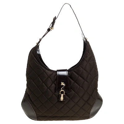 Pre-owned Burberry Dark Brown Quilted Nylon And Patent Leather Brooke Hobo