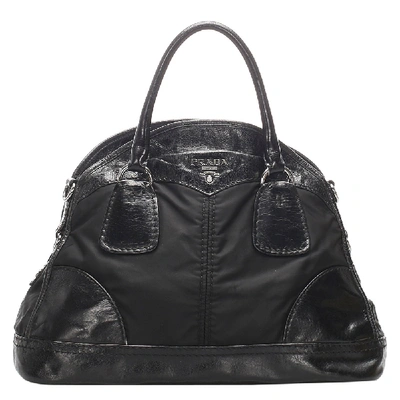 Pre-owned Prada Black Leather Canvas Bauletto Satchel Bag