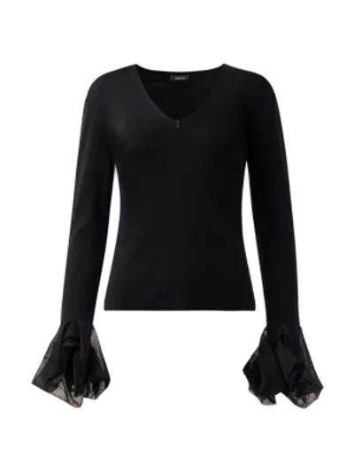 Shop Akris Ruffle-cuff Stretch Silk Knit Top In Noir