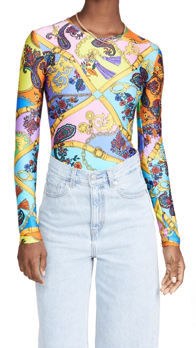 Shop Versace Jeans Couture Belts Print Bodysuit In Rose Wild Orchid