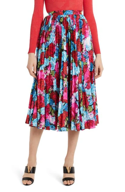 Shop Versace Pleated Floral Print Midi Skirt In Red/ Baby Blue/ Fuchsia