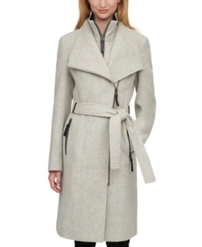 Calvin Klein Women's Faux-leather Trim Belted Wrap Coat, Created For Macy's  In Grey | ModeSens