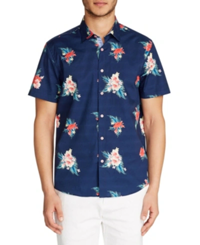 Shop Tallia Men's Slim-fit Stretch Floral Print Short Sleeve Shirt And A Free Face Mask With Purchase In Navy