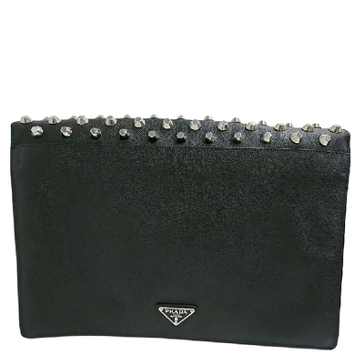 Pre-owned Prada Black Saffiano Leather Studded Clutch