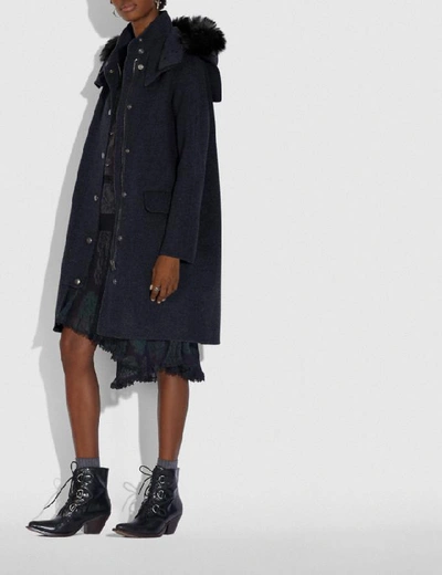 Shop Coach Luxury Wool Parka With Shearling Ruff In Navy