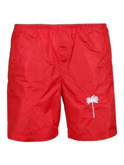 Shop Palm Angels Palm Print Nylon Swim Shorts In Red