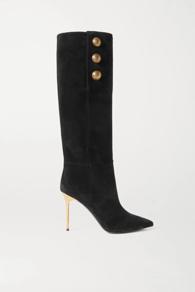 Shop Balmain Button-embellished Suede Knee Boots In Black