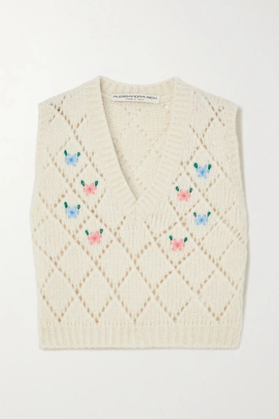 Shop Alessandra Rich Embroidered Pointelle-knit Alpaca-blend Vest In Ivory