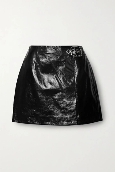 Shop Alexa Chung Buckled Crinkled Glossed-leather Mini Skirt In Black