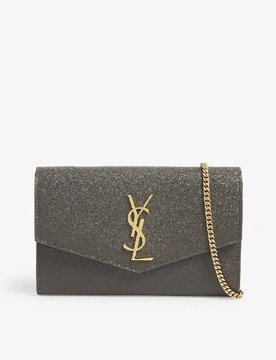 Shop Saint Laurent Uptown Monogram Leather Wallet-on-chain In Pebble+grey