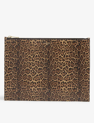 Shop Saint Laurent Leopard-print Large Leather Pouch