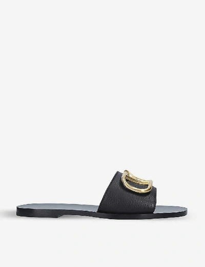 Shop Valentino Go-logo Leather Slider Sandals In Black