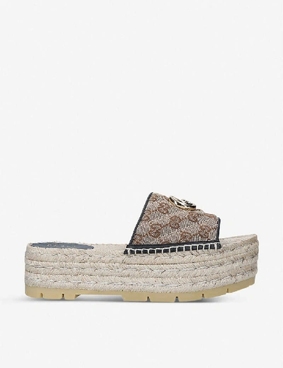 Shop Gucci Pilar Woven Espadrille Flatform Sliders In Brown/oth