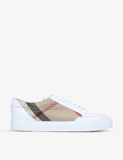 Shop Burberry Salmond Checked Canvas And Leather Trainers In White