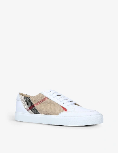 Shop Burberry Salmond Checked Canvas And Leather Trainers In White