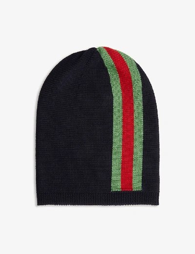 Shop Gucci Midnight Blue Kids Web-stripe Knitted Beanie 4-14 Years S