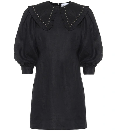 Shop Ganni Studded Linen Minidress In Black