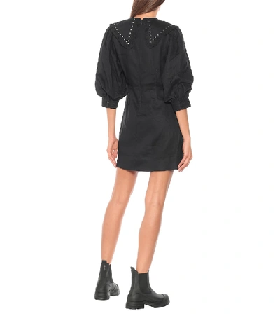 Shop Ganni Studded Linen Minidress In Black