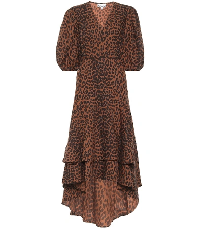 Shop Ganni Leopard-print Cotton Wrap Dress In Brown