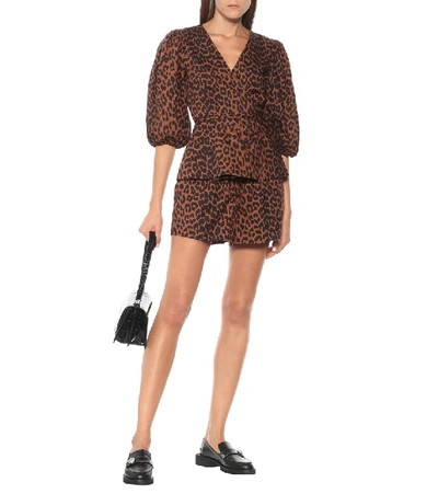 Shop Ganni Leopard-print Cotton Wrap Top In Brown