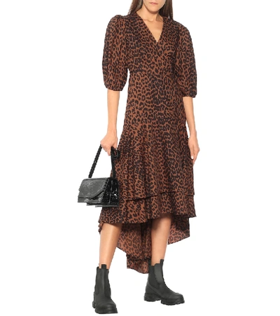 Shop Ganni Leopard-print Cotton Wrap Dress In Brown