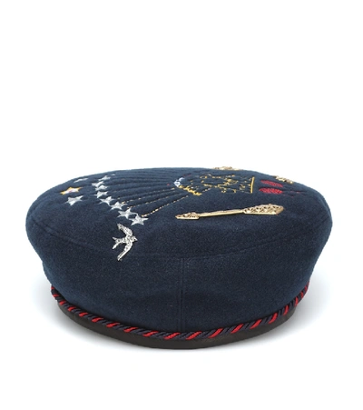 Shop Gucci Embroidered Felt Beret In Blue