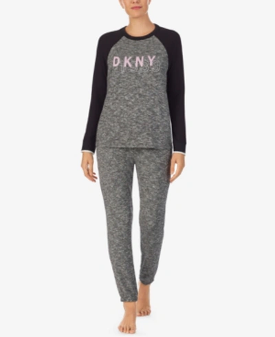 Shop Dkny Long-sleeve Logo 2pc Pajama Set In Black Novel