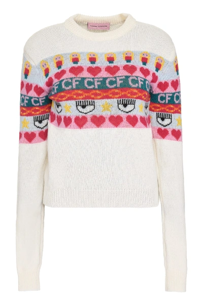 Shop Chiara Ferragni Intarsia Wool And Cashmere Blend Sweater In Panna