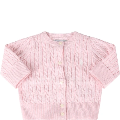 Shop Ralph Lauren Pink Cardigan For Babygirl With Iconic Pony