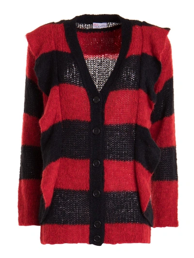 Shop Red Valentino Ruffled Striped Alpaca Blend Cardigan In Black And Red