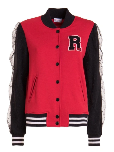 Shop Red Valentino Point D'esprit Tulle Detailed Varsity Jacket In Black An In Red