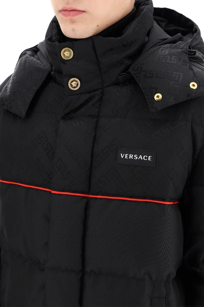 Shop Versace Greca Argyle Print Down Jacket In Black,red