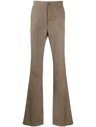 Shop Marni Distressed Flared Trousers In Brown