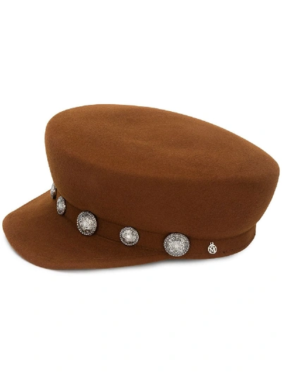 Shop Maison Michel Button-embellished Cap In Brown