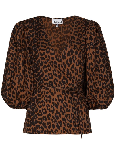 Shop Ganni Leopard-print Wrap Blouse In Brown