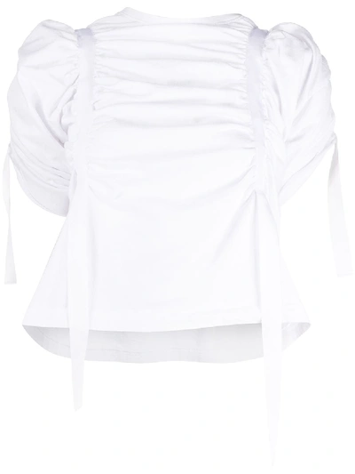 Shop Aganovich Ruched Short Sleeve Blouse In White