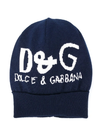 Shop Dolce & Gabbana Logo Knitted Beanie In Blue