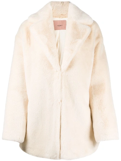 Shop Twinset Short Faux-fur Coat In Neutrals