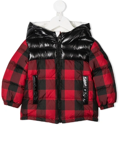 Shop Moncler Downfilled Plaid Rain Jacket In Red