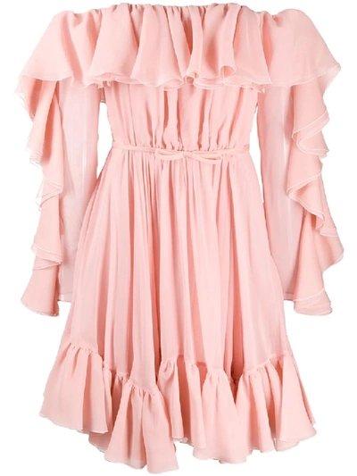 Shop Giambattista Valli Ruffled Off-shoulder Silk Dress In Pink