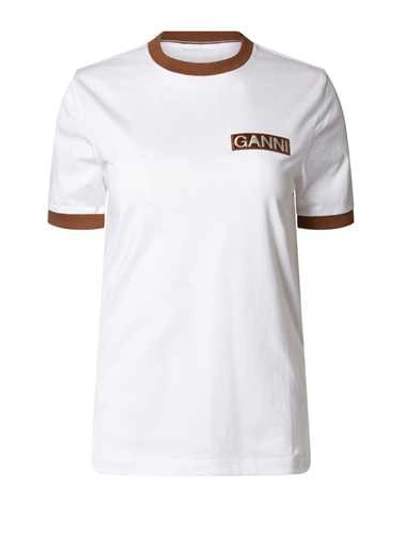 Shop Ganni White Embroidered Beige Logo T-shirt