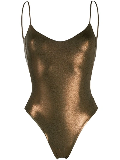 Shop La Reveche Bronze Metallic-sheen Open Back One-piece In Brown