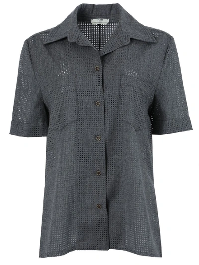 Shop Fendi Grey Perforated Wool Short-sleeve Shirt